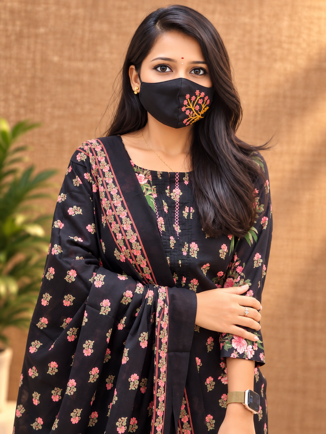 Black & Pink Floral Print Cotton Salwar Set for Women - 9767