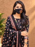 Black & Pink Floral Print Cotton Salwar Set for Women - 9767